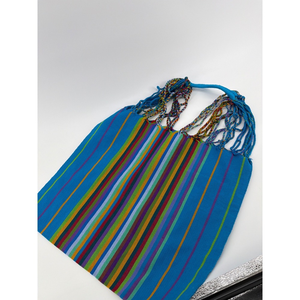 Handmade Woven blue Multi Color Striped Tote Bag Braided Handles Boho Market Bag